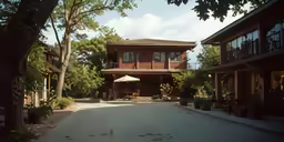 a view of a large two story home with patio and large trees