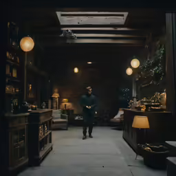 a man walking down a hallway of a dark room