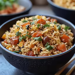 a bowl filled with a rice mixture and some chopsticks