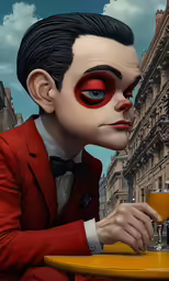 digital art rendering of man in red suit holding coffee