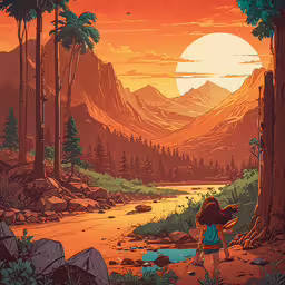 two children watching the sunset in the mountains,an image of a woman walking through the woods in the sunset