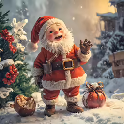 a very cute santa clause standing in the snow