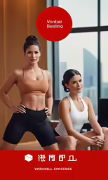 two women standing on top of a table with a red sign behind them
