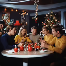 a group of people sit at a table and look down on glasses