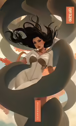 a girl standing in front of an image of a woman