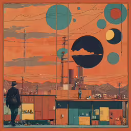 a man is looking at an image on the ground,a painting that has an orange background with a sky view