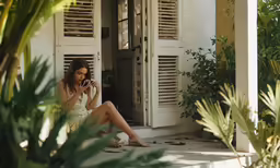 a beautiful young woman sitting on a patio while talking on her phone