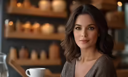 a woman posing for the camera with a coffee cup