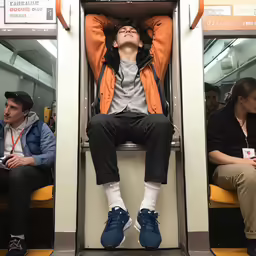 a man sits in a train looking up at something