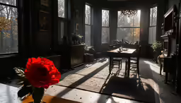 the sun is shining through the windows in the dining room
