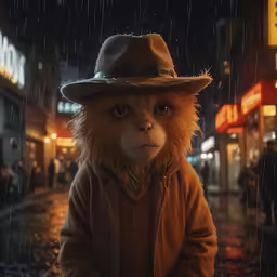 a monkey wearing a coat and hat standing in the rain