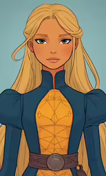a cartoon drawing of a blonde haired girl wearing a blue outfit with gold accents