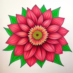 a drawing of a large flower with green leaves,drawing of a flower that has green leaves on it