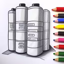 pencils are beside the drawing of a stack of cylinders,pencils on paper depicting three cylinders, two for the first of the two with a number of the items in front,three cylinders in four positions with pencils next to them,some pencils and crayon colored crayons are next to a drawing of three kegs,three crayons sitting next to a drawing of a drawing