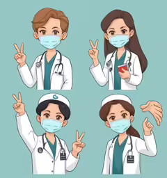 medical staff in various poses and gestures with their surgicals on