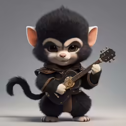 a small monkey playing a guitar with big eyes