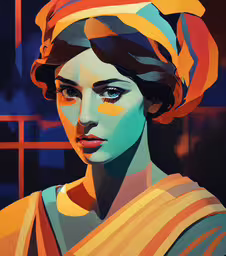 a woman in a brightly colored hat,a portrait of a woman wearing orange and blue