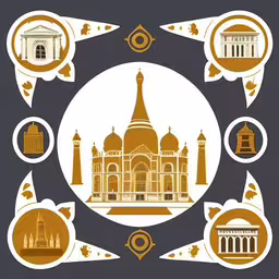 a picture of an oriental landmark that can be used to represent india,an art deco poster depicts a temple with lots of details
