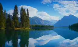 beautiful lake surrounded by mountains under a blue sky with clouds