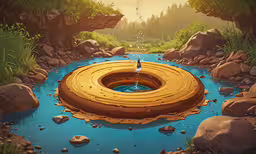 a man wading into a creek with lots of rocks,water spouts out of the middle of a river