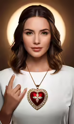 a beautiful woman in white holding a heart shaped pendant