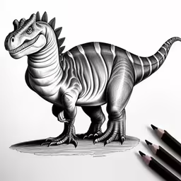 drawing of a dinosaur next to three crayons,a pencil drawing of a small dinosaur next to some markers,an illustrated drawing of a dinosaur on paper with pencils,a black and white image of a dinosaur on paper,the pencil drawing depicts a small dinosaur on a sheet of paper