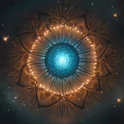 a blue and yellow flower in the center of a dark room