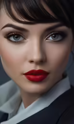 a woman wearing red lips and black hair