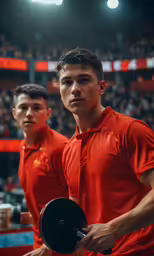 two men hold tennis rackets in front of a crowd