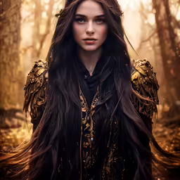 a beautiful young lady with long hair in the forest