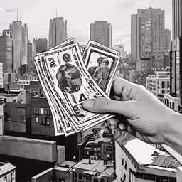 a person holding two money bills in front of a city skyline,a person holding a stack of money in the air