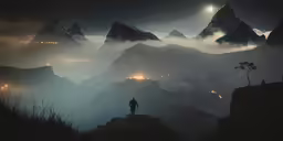 a man standing on top of a mountain at night