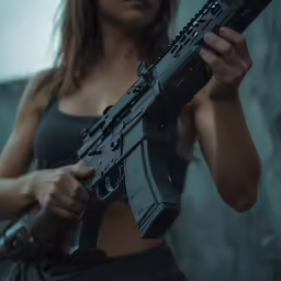 a sexy girl holding a gun next to a wall