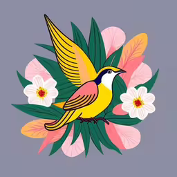 a bird sitting on a leaf filled branch,the bird with a yellow wings sits on a pink flower