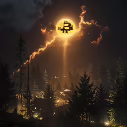 a bird flying by the moon over a forest