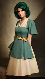 the woman is posing in a green and beige dress