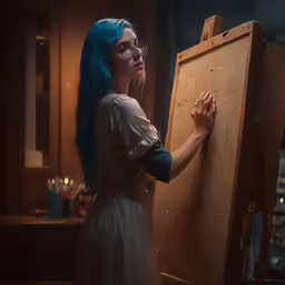a woman in glasses draws something on a large panel
