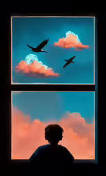 the boy is looking out of the window at birds
