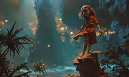 a doll is standing on a rock at night