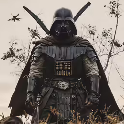 a person in a star wars costume stands in the grass