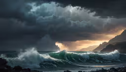the large waves are breaking in to the shore,stormy skies and storm clouds over the ocean with waves crashing on rocks