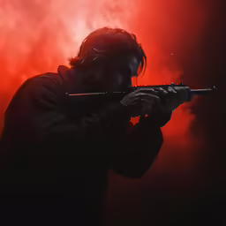 silhouette of person with rifle in front of red light