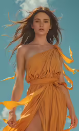 a woman in an orange dress is posing with long hair