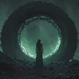 woman standing inside a circular structure surrounded by debris