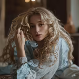 a blonde haired woman sitting on top of a bed