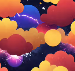 a bunch of clouds are shown in an animated style,an image of colorful clouds and stars