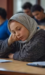 a young woman in a headscarf sits at a table
