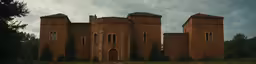 an old abandoned brown castle type building near some trees