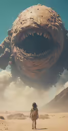 a woman walking through a desert near an alien looking creature
