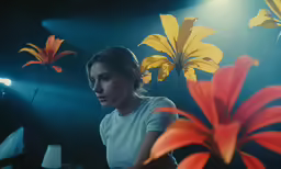 a woman looks at her phone amongst flowers